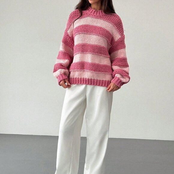 Pink Casual Women's Chunky Knit Contrast Color Lovely Crew Neck Warm Sweater - Picture 6 of 7